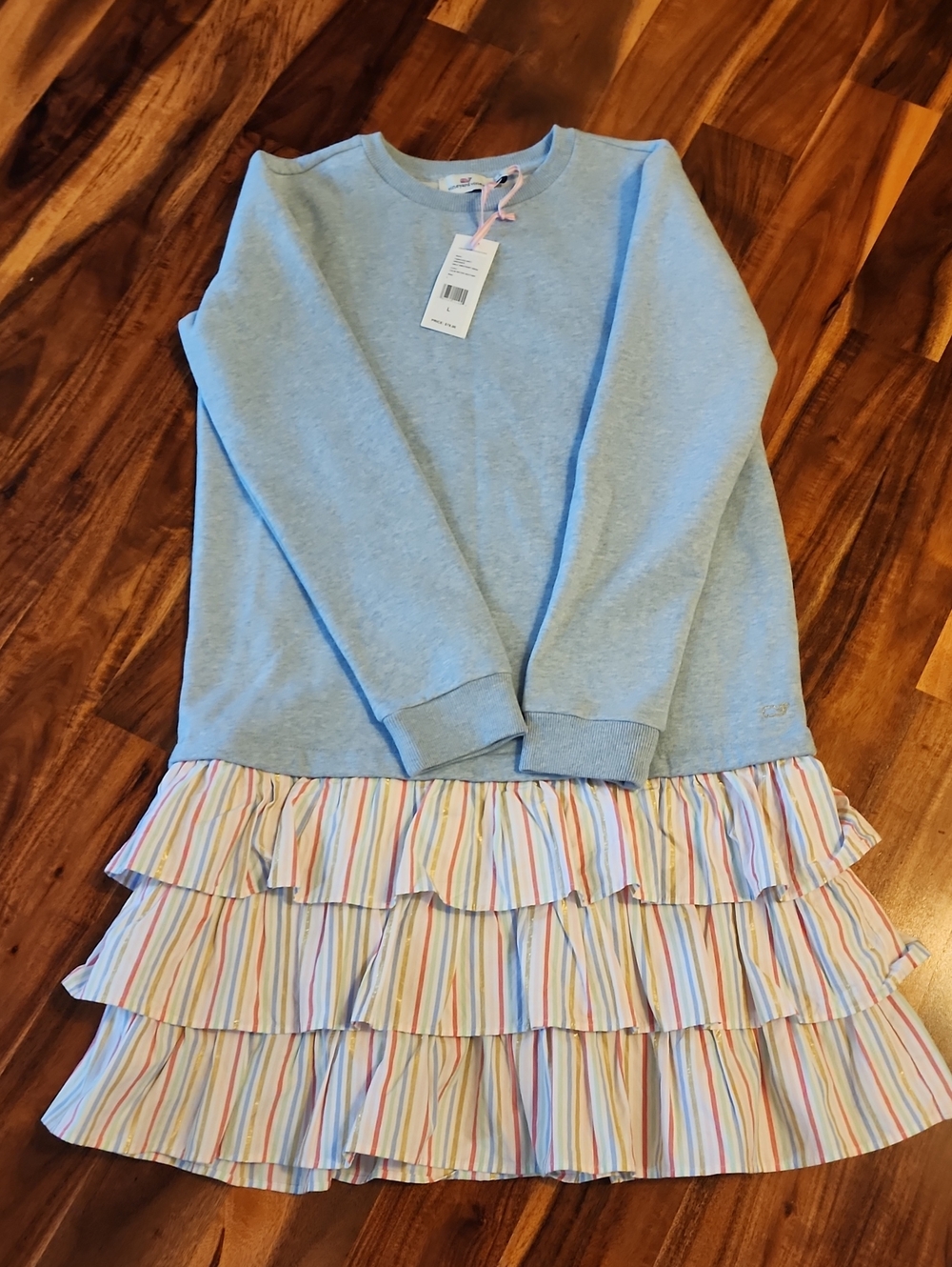 Vineyard Vines Light Blue Sweatshirt Dress with Pastel Striped Ruffles